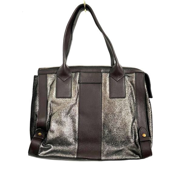 Fossil Gwen Leather Handbag Metallic Glitter Zip Satchel Brown Purse - Picture 1 of 15